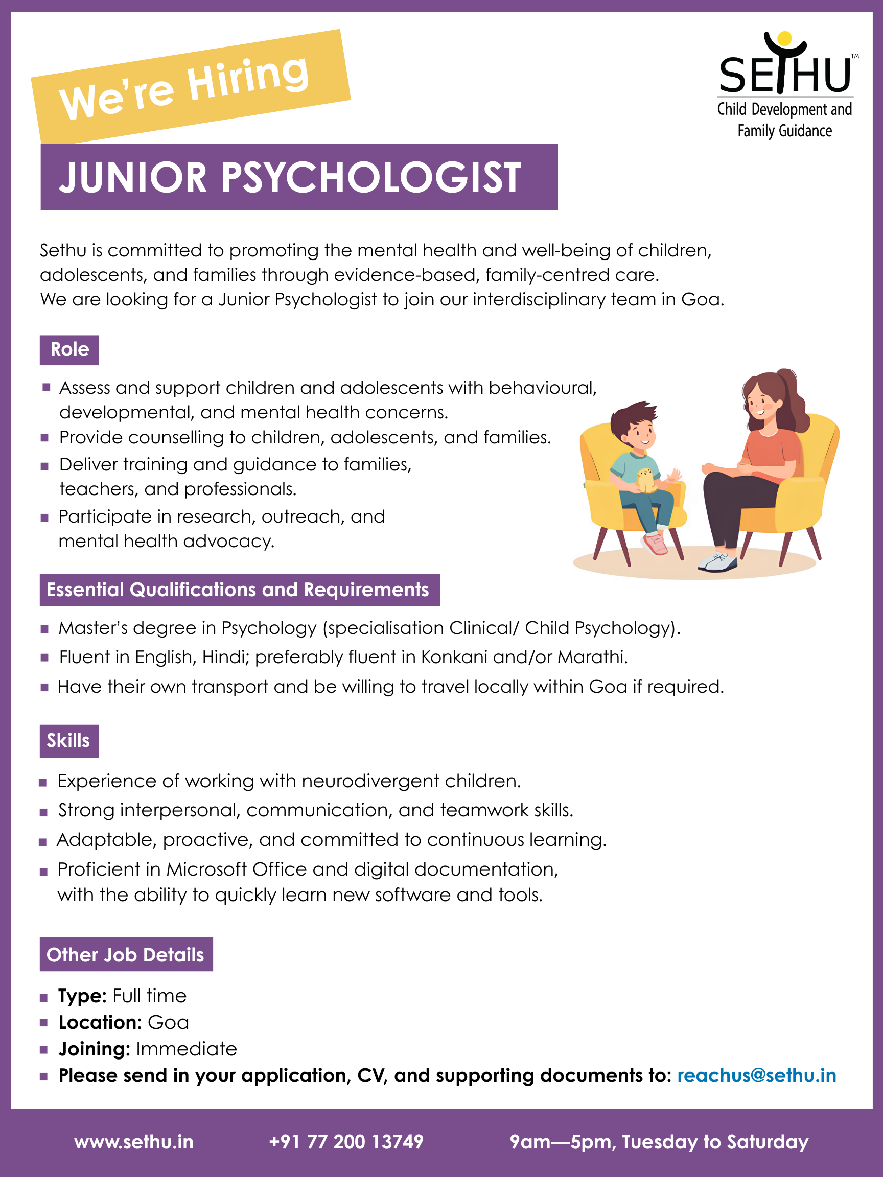 A new opportunity at Sethu for Junior Psychologist